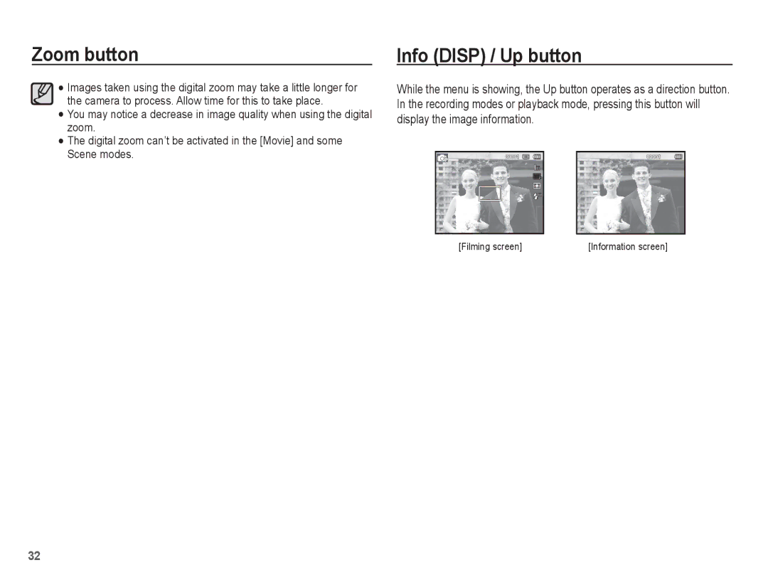 Samsung EC-WP10ZZBPURU, EC-WP10ZZBPUE1, EC-WP10ZZBPUGS, EC-WP10ZZBPBE1, EC-WP10ZZBPYIT manual Zoom button Info Disp / Up button 