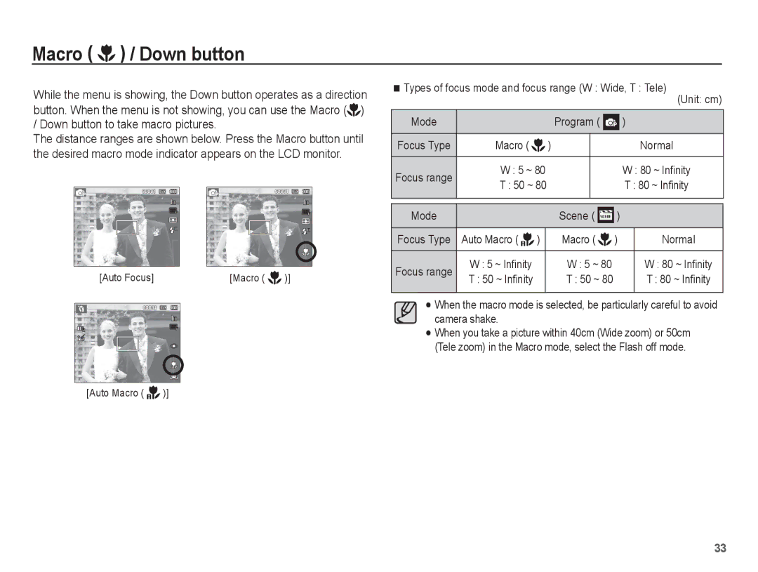 Samsung EC-WP10ZZBPYIL, EC-WP10ZZBPUE1, EC-WP10ZZBPUGS, EC-WP10ZZBPBE1, EC-WP10ZZBPYIT manual Macro / Down button, Mode 