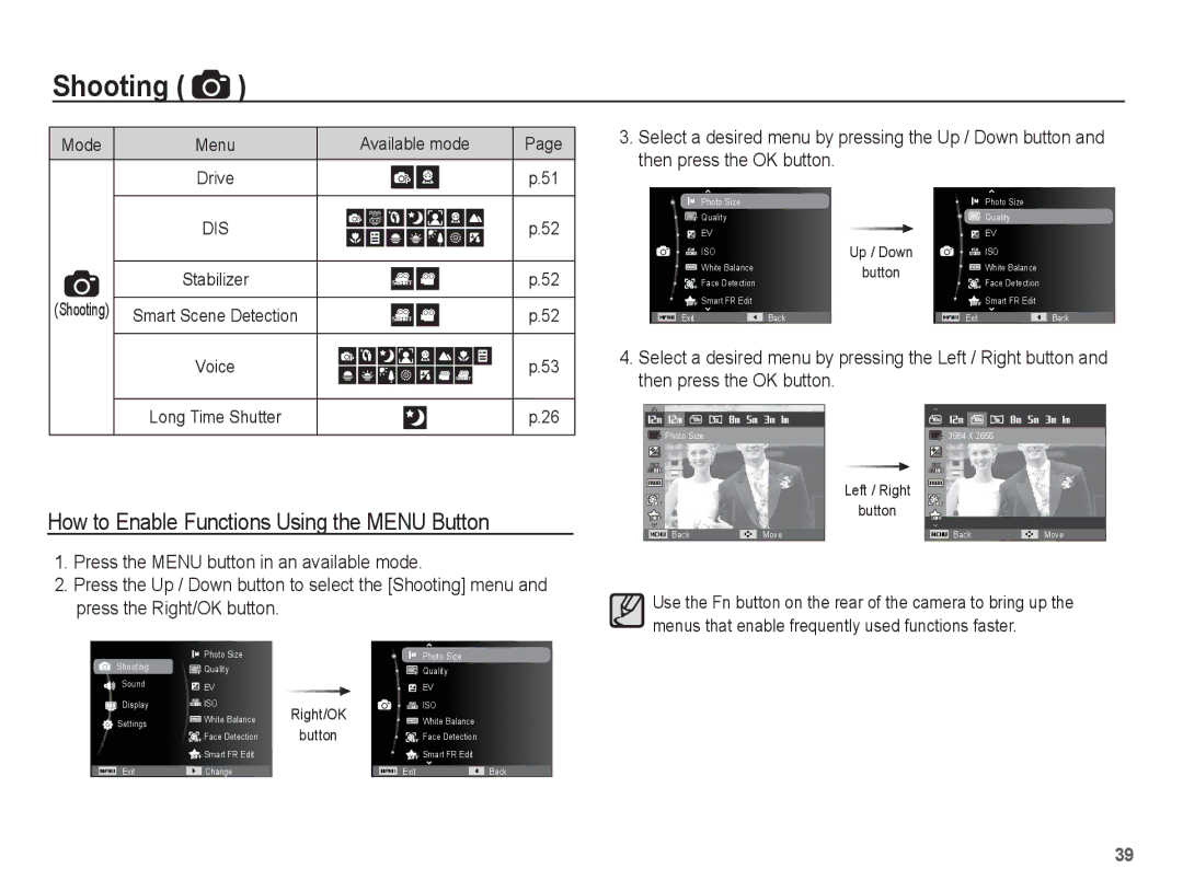 Samsung EC-WP10ZZBPBE1 How to Enable Functions Using the Menu Button, Then press the OK button, Press the Right/OK button 