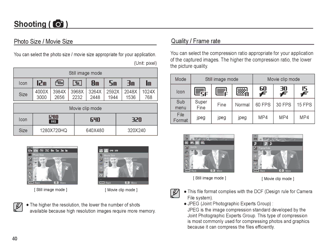 Samsung EC-WP10ZZBPYIT, EC-WP10ZZBPUE1, EC-WP10ZZBPUGS manual Shooting, Photo Size / Movie Size, Quality / Frame rate 