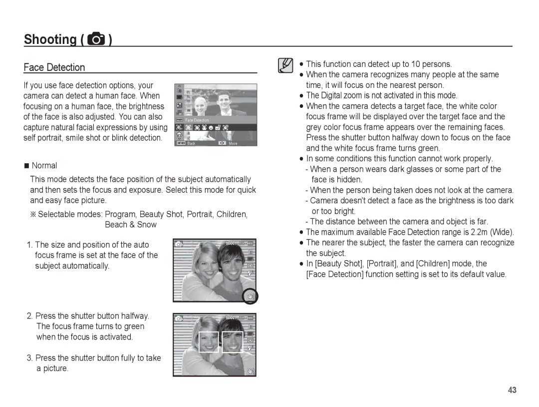 Samsung EC-WP10ZZBPBIT manual Face Detection, Normal, Some conditions this function cannot work properly, Or too bright 