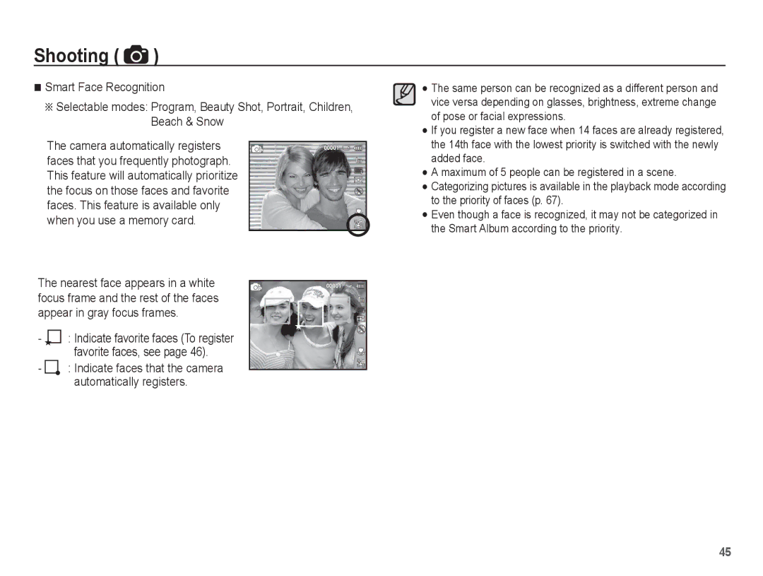 Samsung EC-WP10ZZBPRE1, EC-WP10ZZBPUE1 manual Indicate faces that the camera Automatically registers, Favorite faces, see 