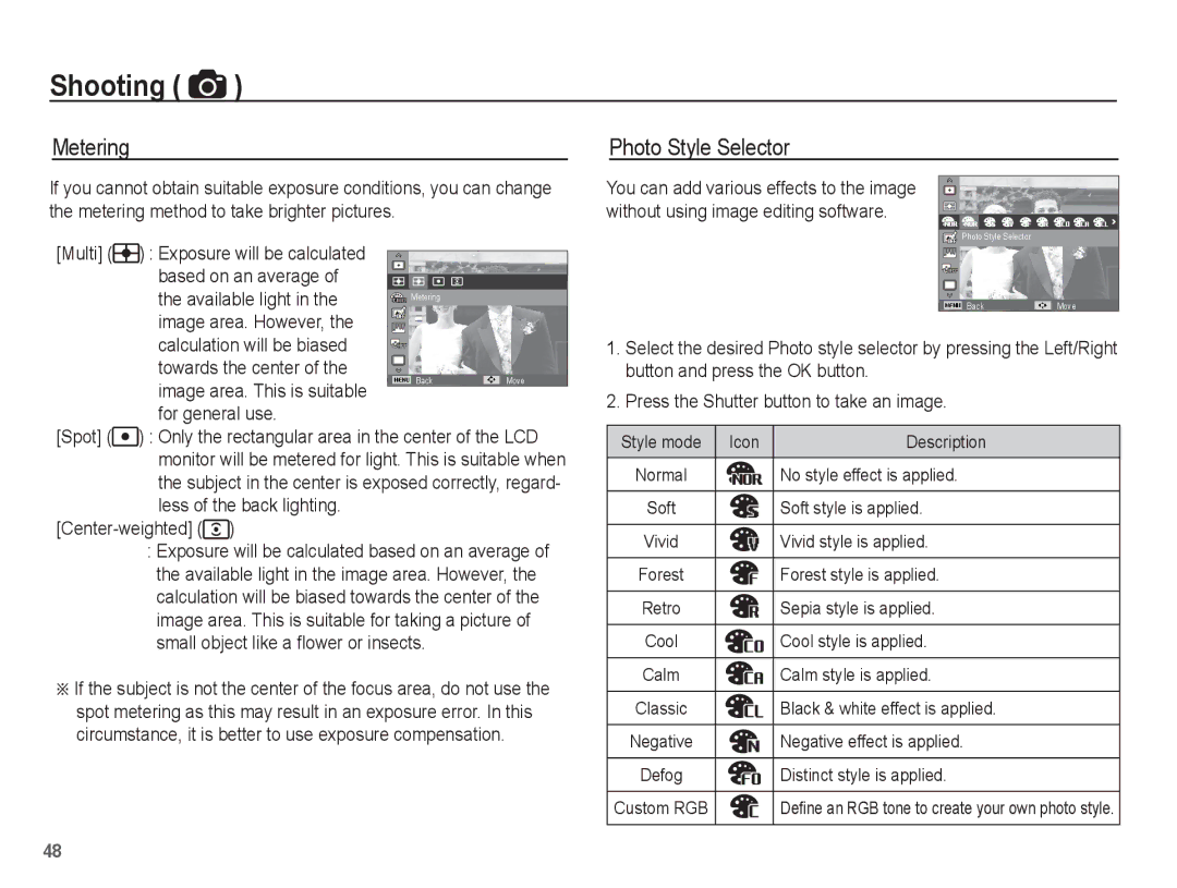 Samsung EC-WP10ZZDPRME Metering, Photo Style Selector, Image area. This is suitable, For general use Spot, Center-weighted 