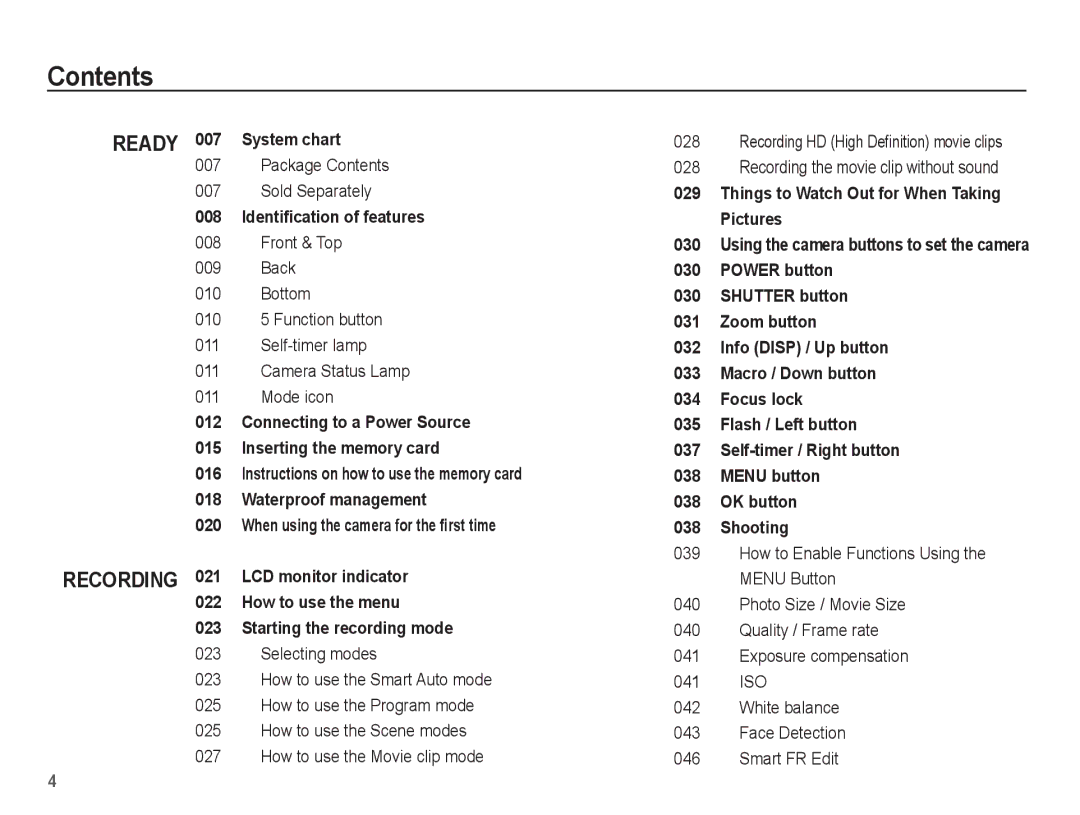 Samsung EC-WP10ZZBPRIT, EC-WP10ZZBPUE1, EC-WP10ZZBPUGS, EC-WP10ZZBPBE1, EC-WP10ZZBPYIT, EC-WP10ZZBPUIT, EC-WP10ZZBPBIT Contents 