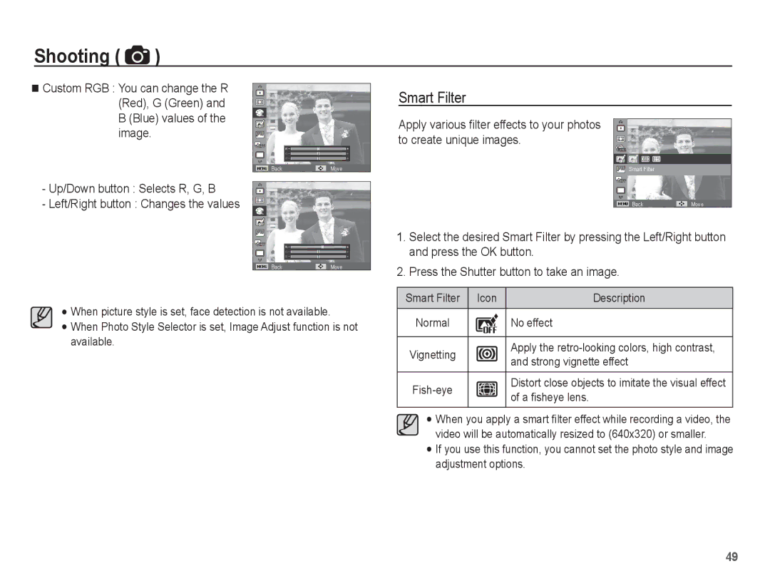 Samsung EC-WP10ZZBPUSA, EC-WP10ZZBPUE1 Smart Filter Icon Description, No effect, Strong vignette effect, A ﬁsheye lens 