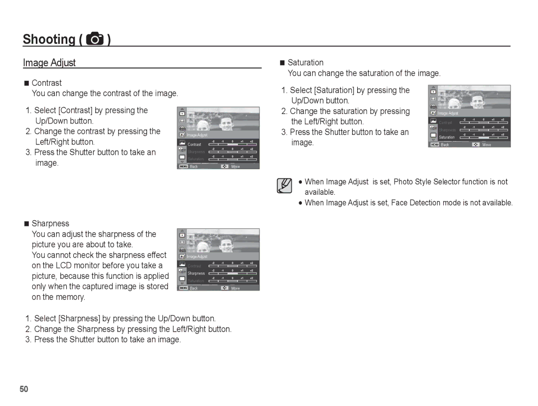 Samsung EC-WP10ZZBPYSA, EC-WP10ZZBPUE1, EC-WP10ZZBPUGS manual Image Adjust, Up/Down button, Left/Right button, Sharpness 