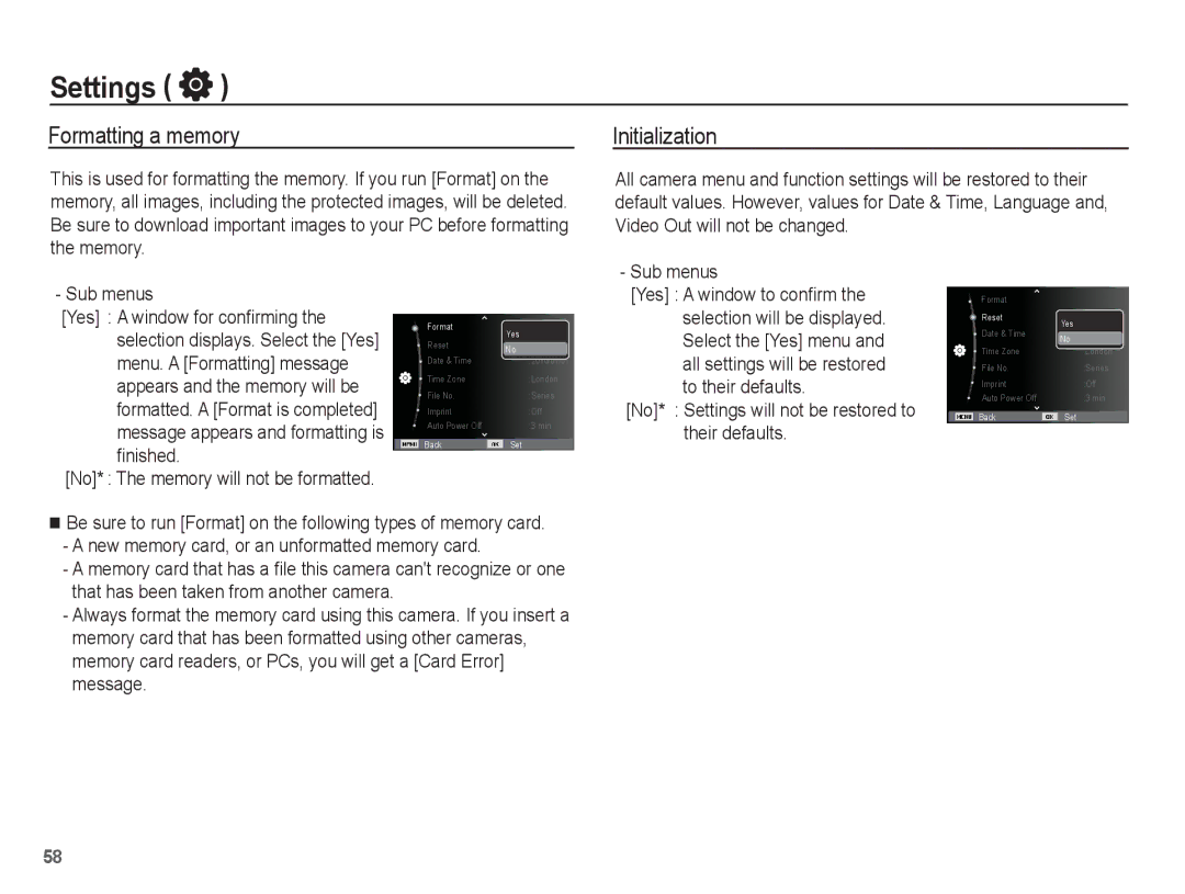 Samsung EC-WP10ZZDPYIR manual Formatting a memory, Initialization, No* Settings will not be restored to their defaults 