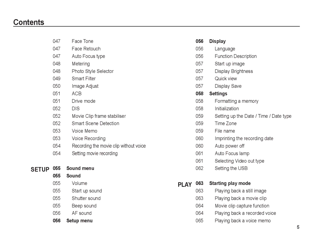 Samsung EC-WP10ZZBPBIT, EC-WP10ZZBPUE1 manual Face Tone, Drive mode 058 Formatting a memory 052, Setting the USB, Volume 