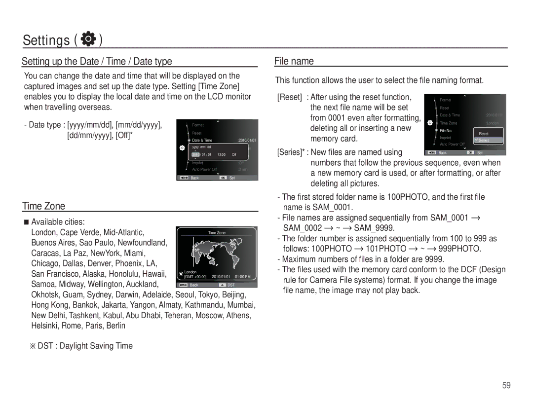 Samsung EC-WP10ZZDPUIR, EC-WP10ZZBPUE1, EC-WP10ZZBPUGS manual Setting up the Date / Time / Date type, File name, Time Zone 