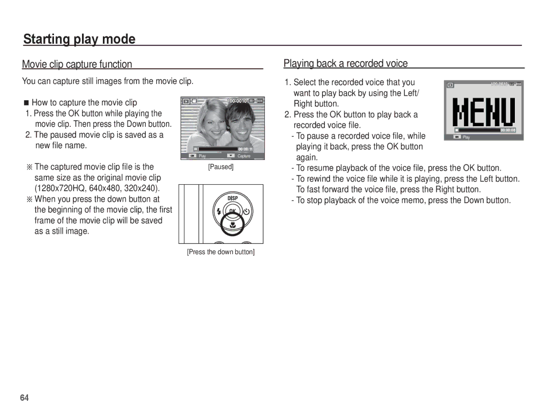 Samsung EC-WP10ZZBPYE2, EC-WP10ZZBPUE1, EC-WP10ZZBPUGS manual Movie clip capture function, Playing back a recorded voice 
