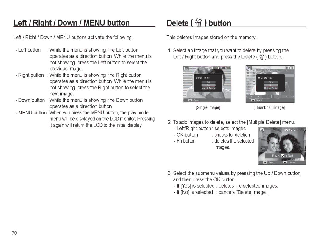 Samsung EC-WP10ZZBPURU, EC-WP10ZZBPUE1, EC-WP10ZZBPUGS, EC-WP10ZZBPBE1 Left / Right / Down / Menu button, Delete Õ button 