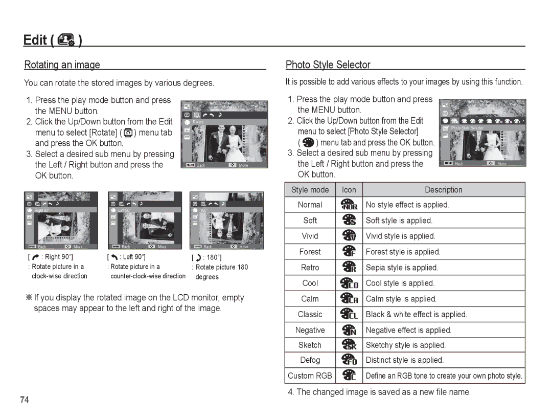 Samsung EC-WP10ZZBPBIL Rotating an image, You can rotate the stored images by various degrees, Sketchy style is applied 