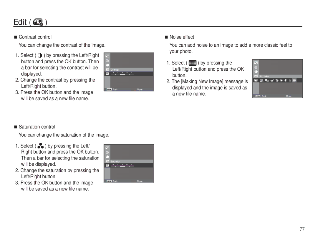 Samsung EC-WP10ZZBPBE1, EC-WP10ZZBPUE1, EC-WP10ZZBPUGS manual Change the saturation by pressing the Left/Right button 