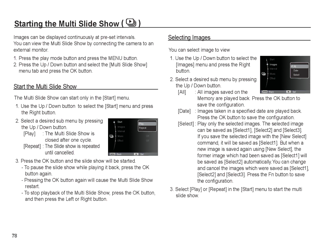 Samsung EC-WP10ZZBPYIT, EC-WP10ZZBPUE1 manual Starting the Multi Slide Show, Start the Multi Slide Show, Selecting Images 