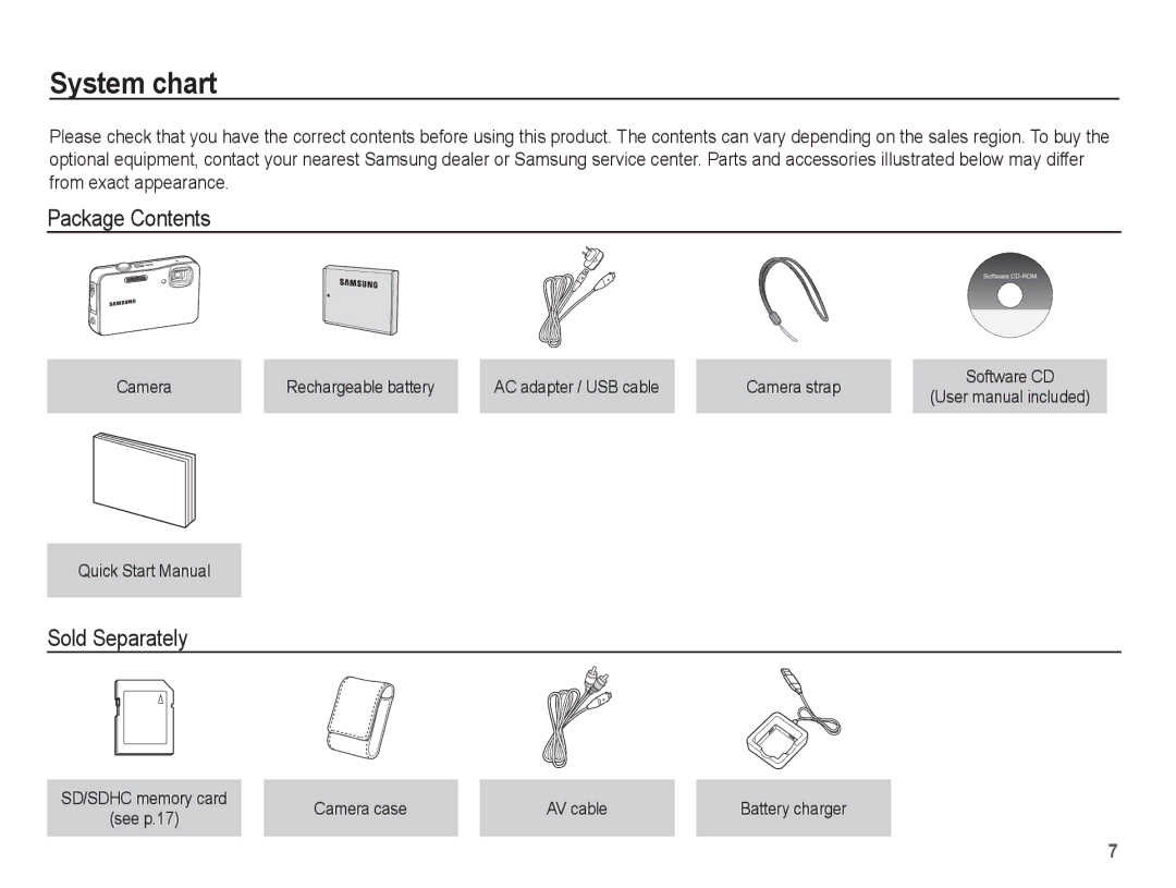 Samsung EC-WP10ZZBPRE1, EC-WP10ZZBPUE1, EC-WP10ZZBPUGS, EC-WP10ZZBPBE1 manual System chart, Package Contents, Sold Separately 