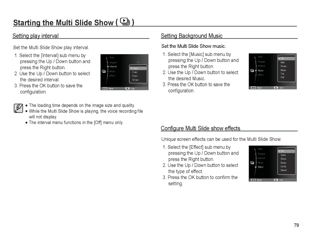 Samsung EC-WP10ZZBPUIT, EC-WP10ZZBPUE1 Setting play interval Setting Background Music, Configure Multi Slide show effects 