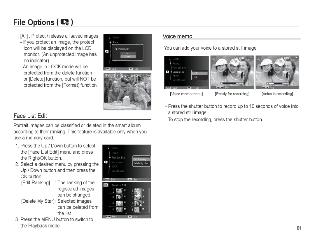 Samsung EC-WP10ZZBPBIT manual Voice memo, Face List Edit, You can add your voice to a stored still image No indicator 