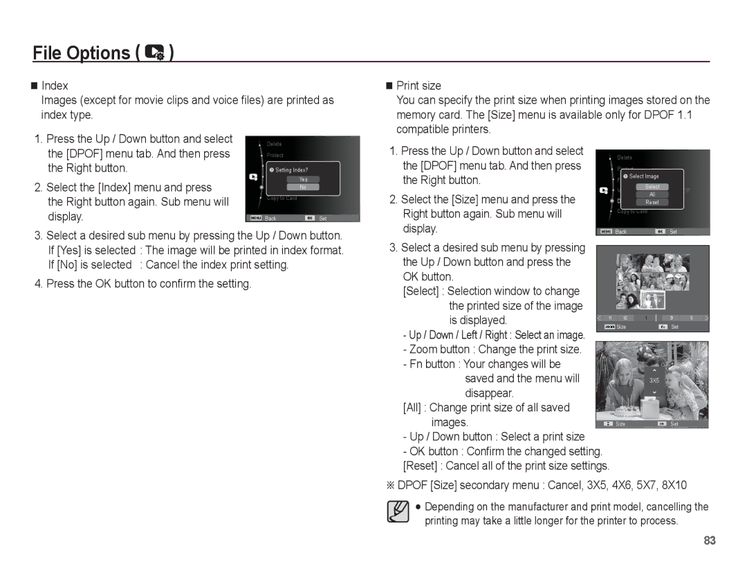 Samsung EC-WP10ZZBPRE1 manual Dpof Size secondary menu Cancel, 3X5, 4X6, 5X7, Up / Down button Select a print size 