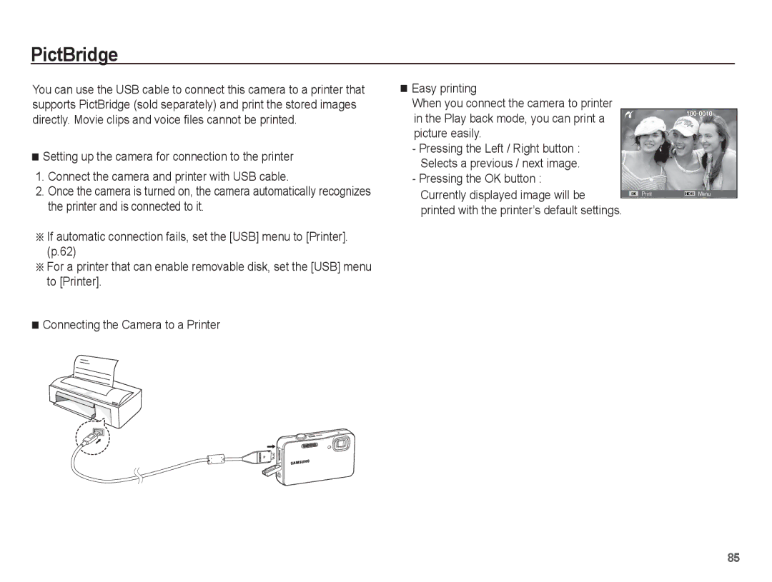 Samsung EC-WP10ZZBPYE1, EC-WP10ZZBPUE1, EC-WP10ZZBPUGS PictBridge, Pressing the OK button Currently displayed image will be 