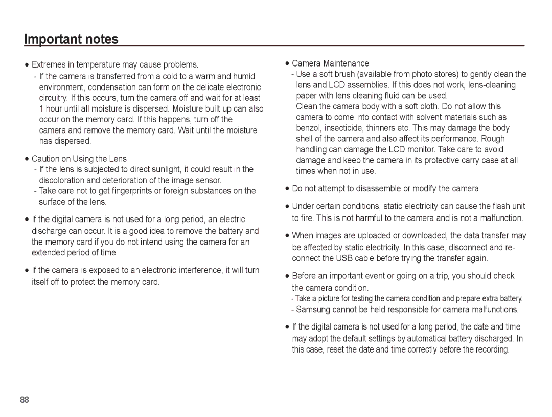 Samsung EC-WP10ZZBPYSA Extremes in temperature may cause problems, Do not attempt to disassemble or modify the camera 