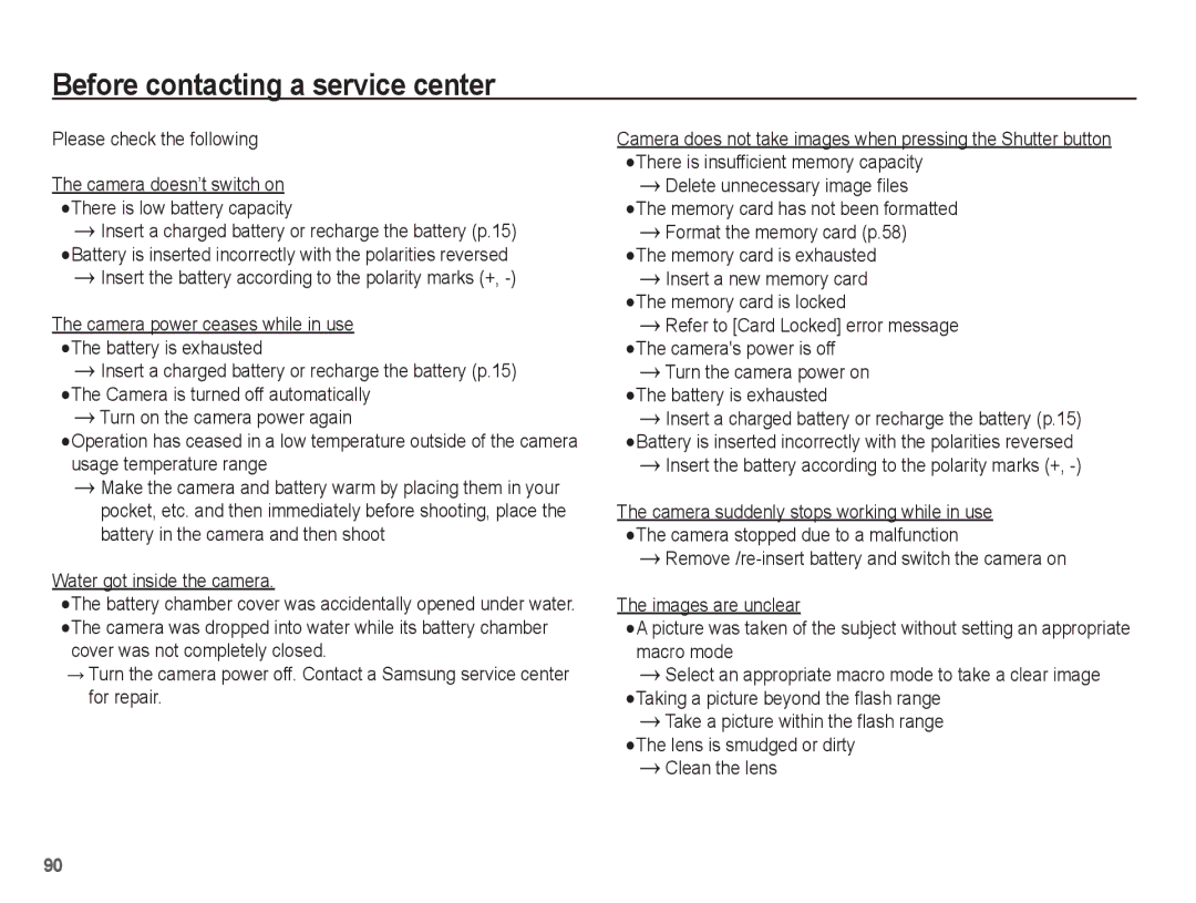 Samsung EC-WP10ZZBPRSA, EC-WP10ZZBPUE1, EC-WP10ZZBPUGS manual Before contacting a service center, Please check the following 