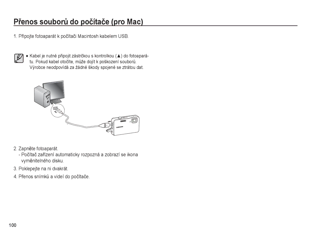 Samsung EC-WP10ZZBPYE3 manual PĜenos souborĤ do poþítaþe pro Mac, PĜipojte fotoaparát k poþítaþi Macintosh kabelem USB 