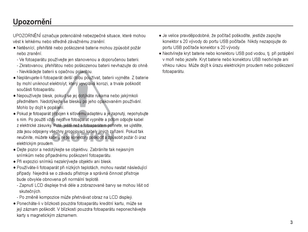 Samsung EC-WP10ZZBPUE3, EC-WP10ZZBPYE3, EC-WP10ZZBPRE3 manual UpozornČní, PĜi expozici snímkĤ nezakrývejte objektiv ani blesk 