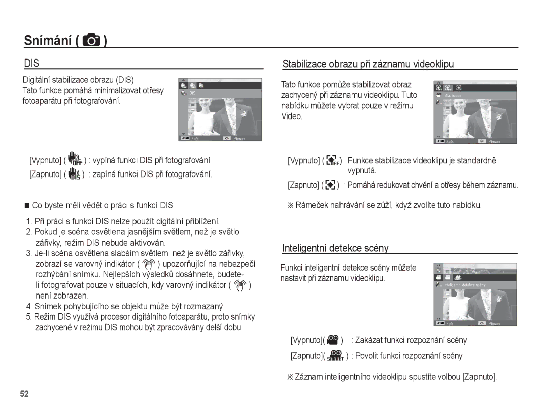 Samsung EC-WP10ZZBPYE3, EC-WP10ZZBPUE3 manual Stabilizace obrazu pĜi záznamu videoklipu, Inteligentní detekce scény 