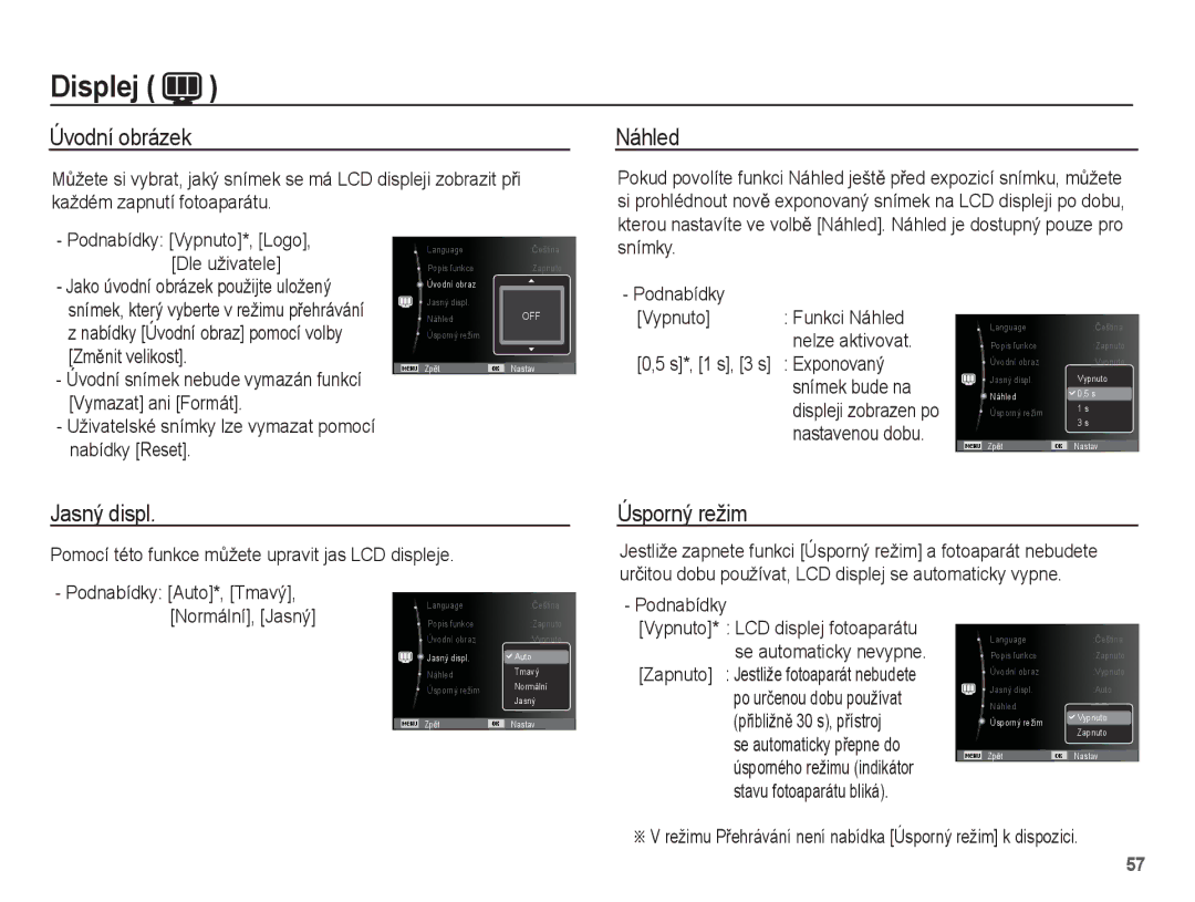 Samsung EC-WP10ZZBPRE3, EC-WP10ZZBPUE3, EC-WP10ZZBPYE3, EC-WP10ZZBPBE3 manual Jasný displ, Úsporný režim 