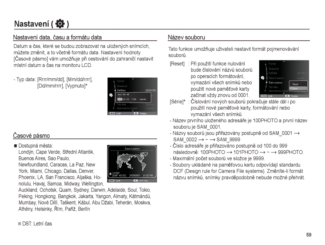 Samsung EC-WP10ZZBPUE3, EC-WP10ZZBPYE3, EC-WP10ZZBPRE3 Nastavení data, þasu a formátu data, Název souboru, Ýasové pásmo 