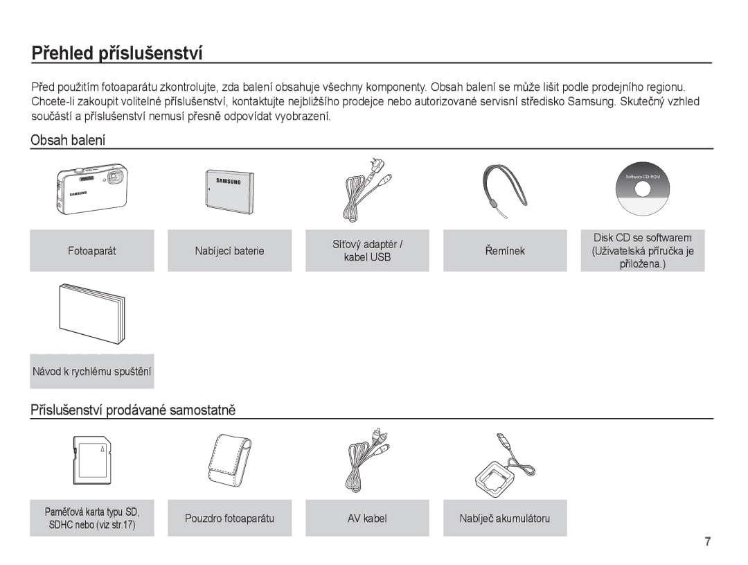 Samsung EC-WP10ZZBPUE3, EC-WP10ZZBPYE3 manual PĜehled pĜíslušenství, Obsah balení, PĜíslušenství prodávané samostatnČ 