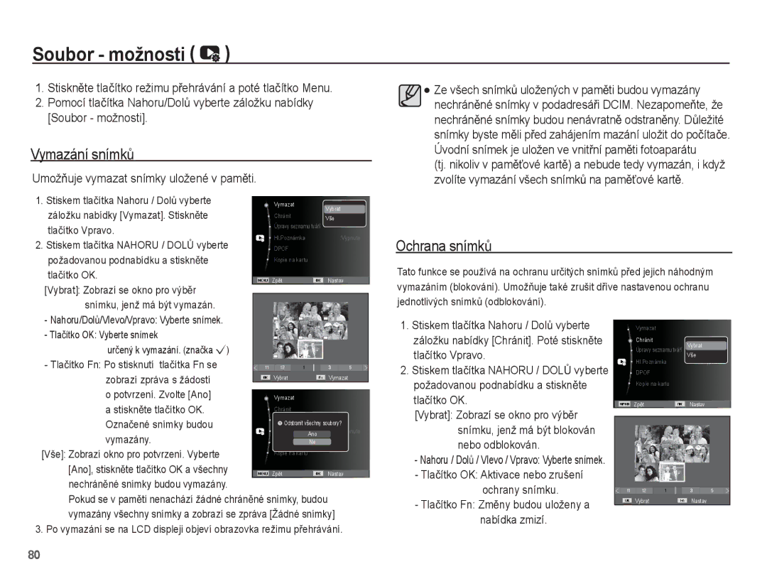 Samsung EC-WP10ZZBPYE3, EC-WP10ZZBPUE3, EC-WP10ZZBPRE3, EC-WP10ZZBPBE3 manual Soubor možnosti, Vymazání snímkĤ, Ochrana snímkĤ 