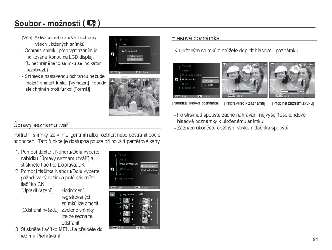 Samsung EC-WP10ZZBPRE3, EC-WP10ZZBPUE3 manual Úpravy seznamu tváĜí, Uloženým snímkĤm mĤžete doplnit hlasovou poznámku 