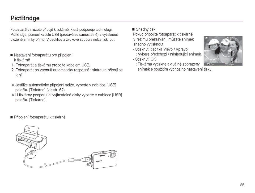 Samsung EC-WP10ZZBPRE3, EC-WP10ZZBPUE3, EC-WP10ZZBPYE3 manual PictBridge, Snímek s použitím výchozího nastavení tisku 