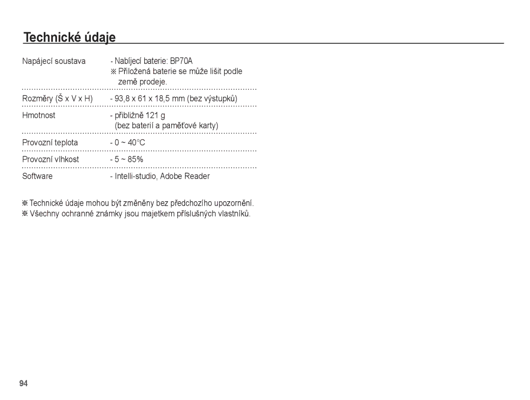 Samsung EC-WP10ZZBPBE3, EC-WP10ZZBPUE3 manual Napájecí soustava Nabíjecí baterie BP70A, ZemČ prodeje, RozmČry Š x V x H 