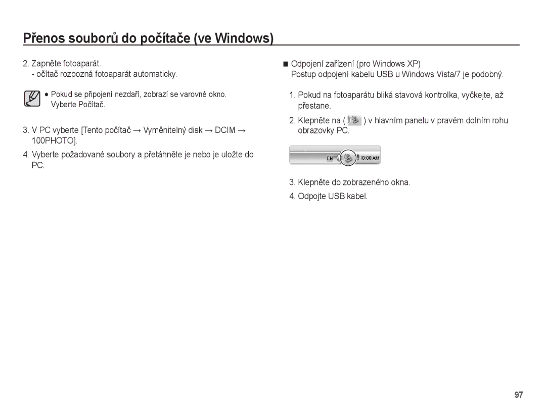 Samsung EC-WP10ZZBPRE3, EC-WP10ZZBPUE3, EC-WP10ZZBPYE3 manual ZapnČte fotoaparát Oþítaþ rozpozná fotoaparát automaticky 