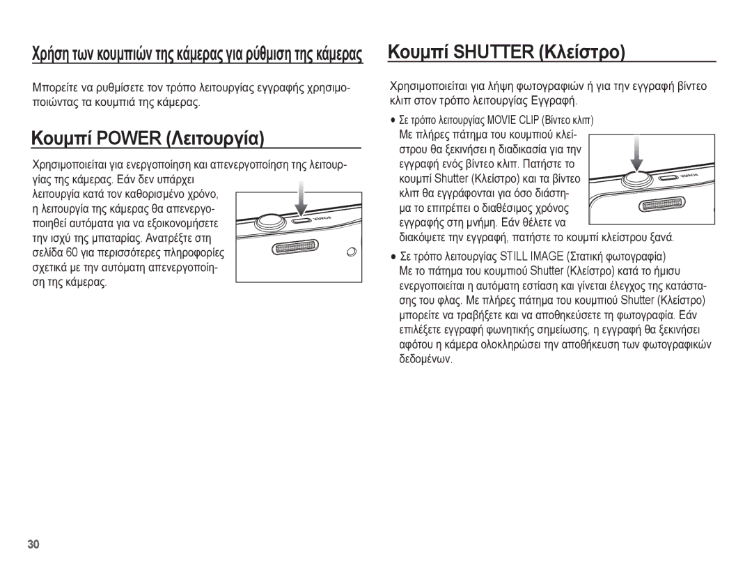 Samsung EC-WP10ZZBPBE3, EC-WP10ZZBPUE3, EC-WP10ZZBPYE3, EC-WP10ZZBPRE3 manual ȀȠȣȝʌȓ Power ȁİȚĲȠȣȡȖȓĮ, ȀȠȣȝʌȓ Shutter ȀȜİȓıĲȡȠ 