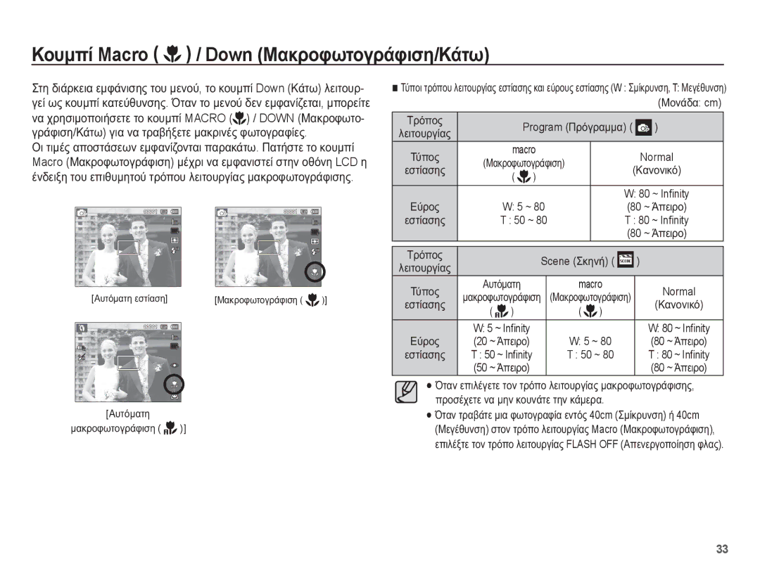 Samsung EC-WP10ZZBPRE3 manual ȀȠȣȝʌȓ Macro / Down ȂĮțȡȠĳȦĲȠȖȡȐĳȚıȘ/ȀȐĲȦ, ǸȣĲȩȝĮĲȘ ȜĮțȡȠĳȦĲȠȖȡȐĳȚıȘ, ȈȡȩʌȠȢ, İıĲȓĮıȘȢ 