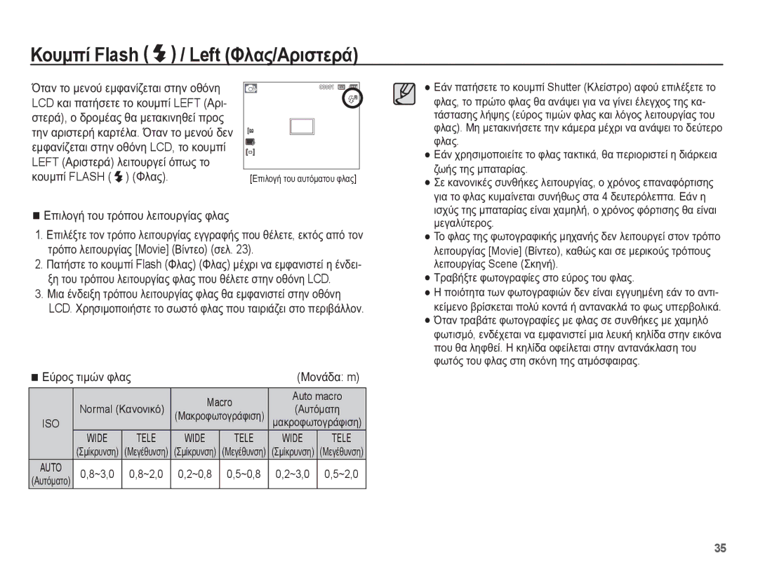 Samsung EC-WP10ZZBPUE3 manual ȀȠȣȝʌȓ Flash / Left ĭȜĮȢ/ǹȡȚıĲİȡȐ, ȚȠȣȝʌȓ Flash ĭȜĮȢ, ǼʌȚȜȠȖȒ ĲȠȣ ĲȡȩʌȠȣ ȜİȚĲȠȣȡȖȓĮȢ ĳȜĮȢ 