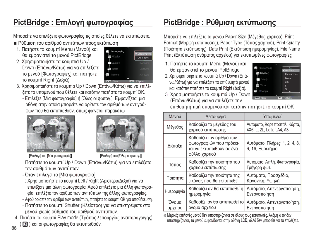 Samsung EC-WP10ZZBPBE3, EC-WP10ZZBPUE3, EC-WP10ZZBPYE3 manual PictBridge ǼʌȚȜȠȖȒ ĳȦĲȠȖȡĮĳȓĮȢ, PictBridge ȇȪșȝȚıȘ İțĲȪʌȦıȘȢ 