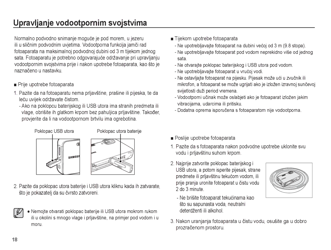 Samsung EC-WP10ZZBPBE3 manual Upravljanje vodootpornim svojstvima, Tijekom upotrebe fotoaparata, Poklopac USB utora 