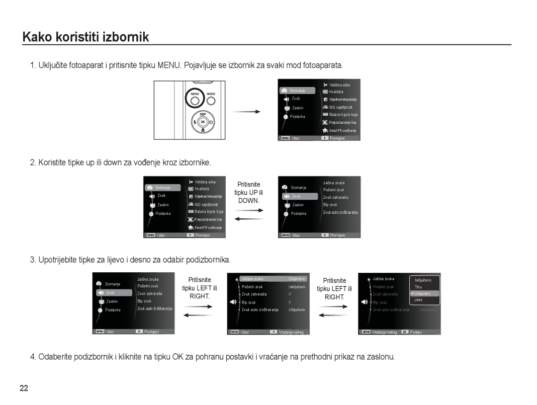 Samsung EC-WP10ZZBPBE3 manual Kako koristiti izbornik, Upotrijebite tipke za lijevo i desno za odabir podizbornika 