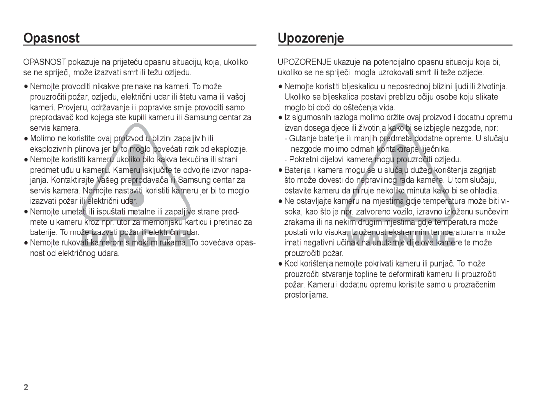 Samsung EC-WP10ZZBPBE3, EC-WP10ZZBPUE3 manual Opasnost, Upozorenje, Pokretni dijelovi kamere mogu prouzroþiti ozljedu 