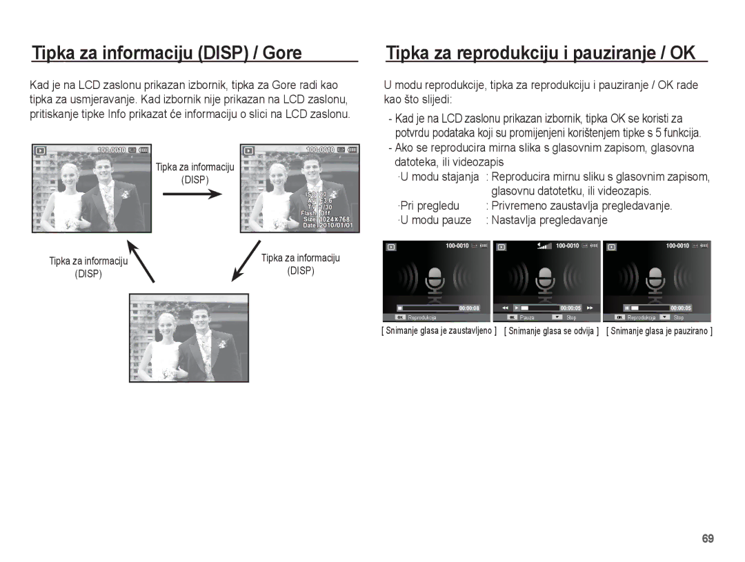 Samsung EC-WP10ZZBPRE3 manual Tipka za informaciju Disp / Gore, Tipka za reprodukciju i pauziranje / OK, ·Pri pregledu 