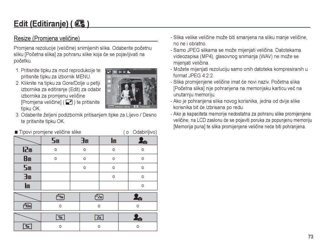 Samsung EC-WP10ZZBPRE3, EC-WP10ZZBPUE3 manual Edit Editiranje, Resize Promjena veliþine, Pritisnite tipku za izbornik Menu 