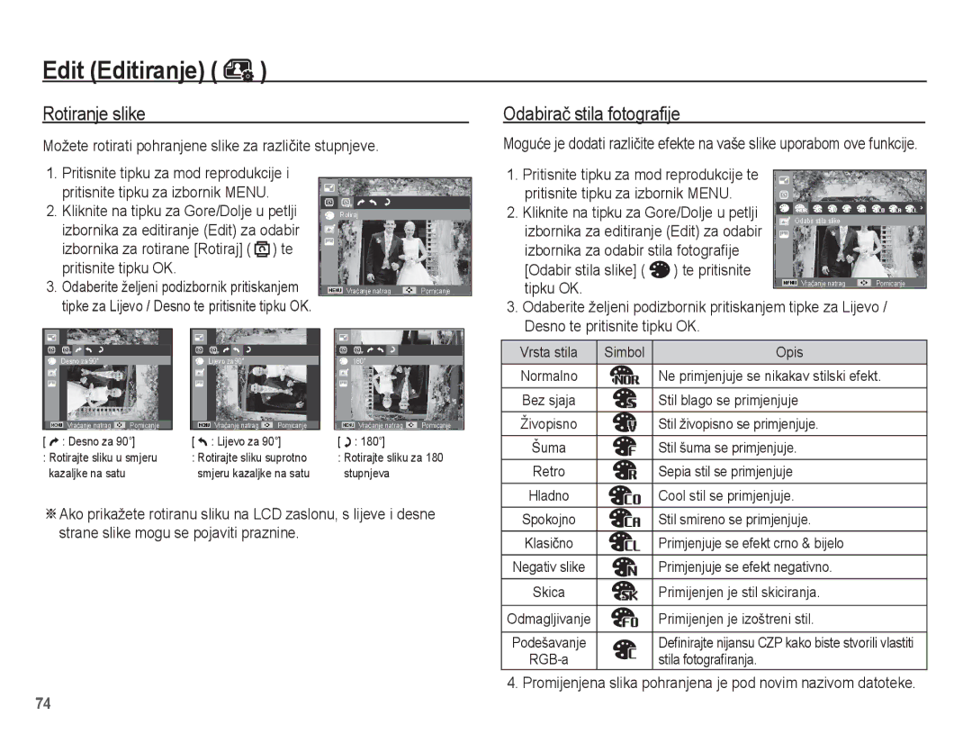 Samsung EC-WP10ZZBPBE3 manual Rotiranje slike, Odabiraþ stila fotografije, Odabir stila slike Te pritisnite Tipku OK 