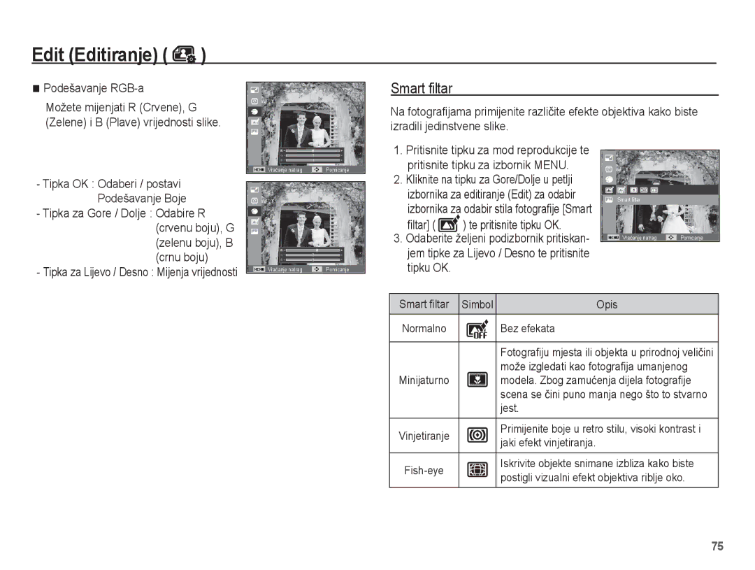 Samsung EC-WP10ZZBPUE3, EC-WP10ZZBPYE3, EC-WP10ZZBPRE3, EC-WP10ZZBPBE3 manual Smart filtar, Podešavanje RGB-a, Filtar 