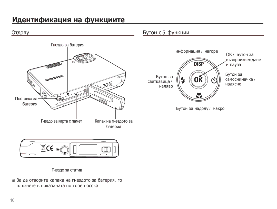 Samsung EC-WP10ZZBPUE3 manual ǨțȚȖȕ ș 5 ȜțȕȒȞȐȐ, Ƚɧɟɡɞɨ ɡɚ ɛɚɬɟɪɢɹ, Ɉɨɫɬɚɜɤɚ ɡɚ Ɛɚɬɟɪɢɹ, Ƚɧɟɡɞɨ ɡɚ ɤɚɪɬɚ ɫ ɩɚɦɟɬ 