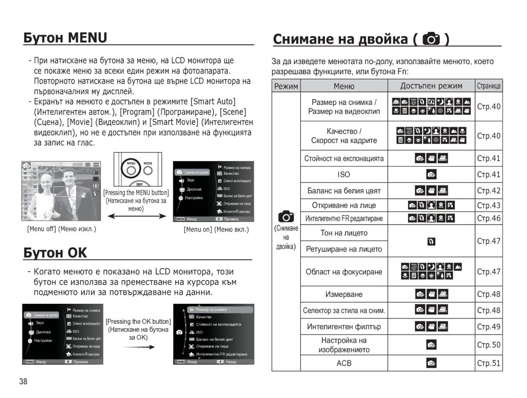 Samsung EC-WP10ZZBPUE3 ǨțȚȖȕ Menu, ǸȕȐȔȈȕȍ ȕȈ ȌȊȖȑȒȈ, ǨțȚȖȕ OK, Ɂɚ ɞɚ ɢɡɜɟɞɟɬɟ ɦɟɧɸɬɚɬɚ ɩɨ-ɞɨɥɭ, ɢɡɩɨɥɡɜɚɣɬɟ ɦɟɧɸɬɨ, ɤɨɟɬɨ 