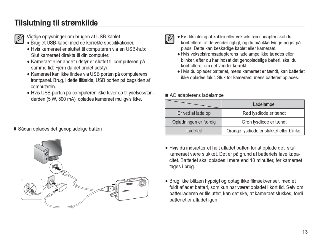 Samsung EC-WP10ZZBPRE2, EC-WP10ZZBPYE2 manual Sådan oplades det genopladelige batteri, AC adapterens ladelampe, Ladelampe 